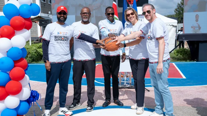 From left, Dr. Ahmed Idris, Secretary General KRCS, Michael Finley, Senior Director and Country Operations Lead for NBA Kenya, Alex Sampao, Deputy director Youth and Sports County government of Kajiado, AFD Country Director for Kenya, Anne-Gael Chapuis and France Ambassador to Kenya, Arnaud Suquet, during the launch of the new component for students with disabilities